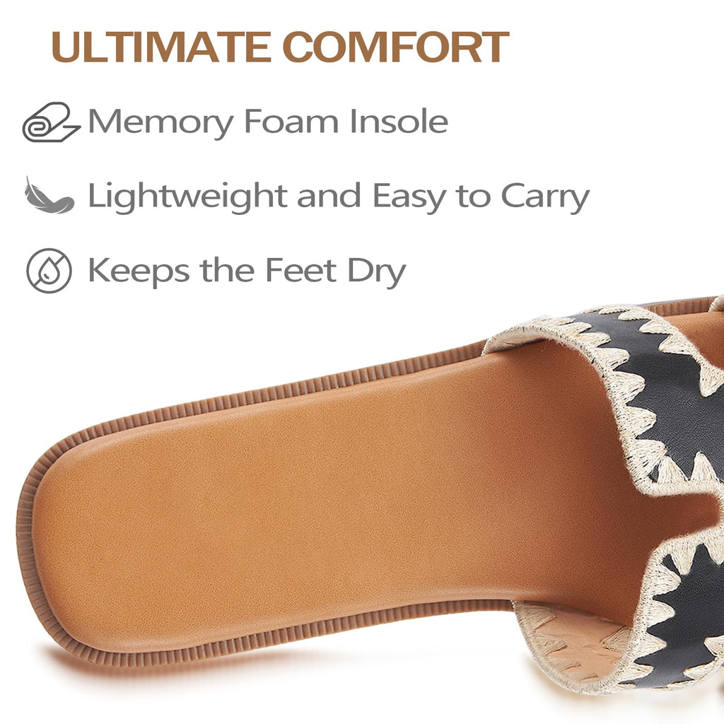 KENMITDY Womens Sandals Slip On Fashion Flat Sandals Soft Memory Foam Slides Comfortable Leather Open Toe Slide For Summer Dressy 2026 Black Size 7