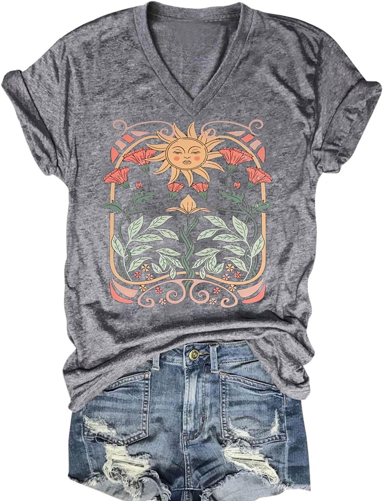 Vintage Boho Sun Flowers Shirts Women Vintage Wildflowers Graphic Tee Casual Short Sleeve Tops Funny Cute Teen Girl Tee(Gray1,M)