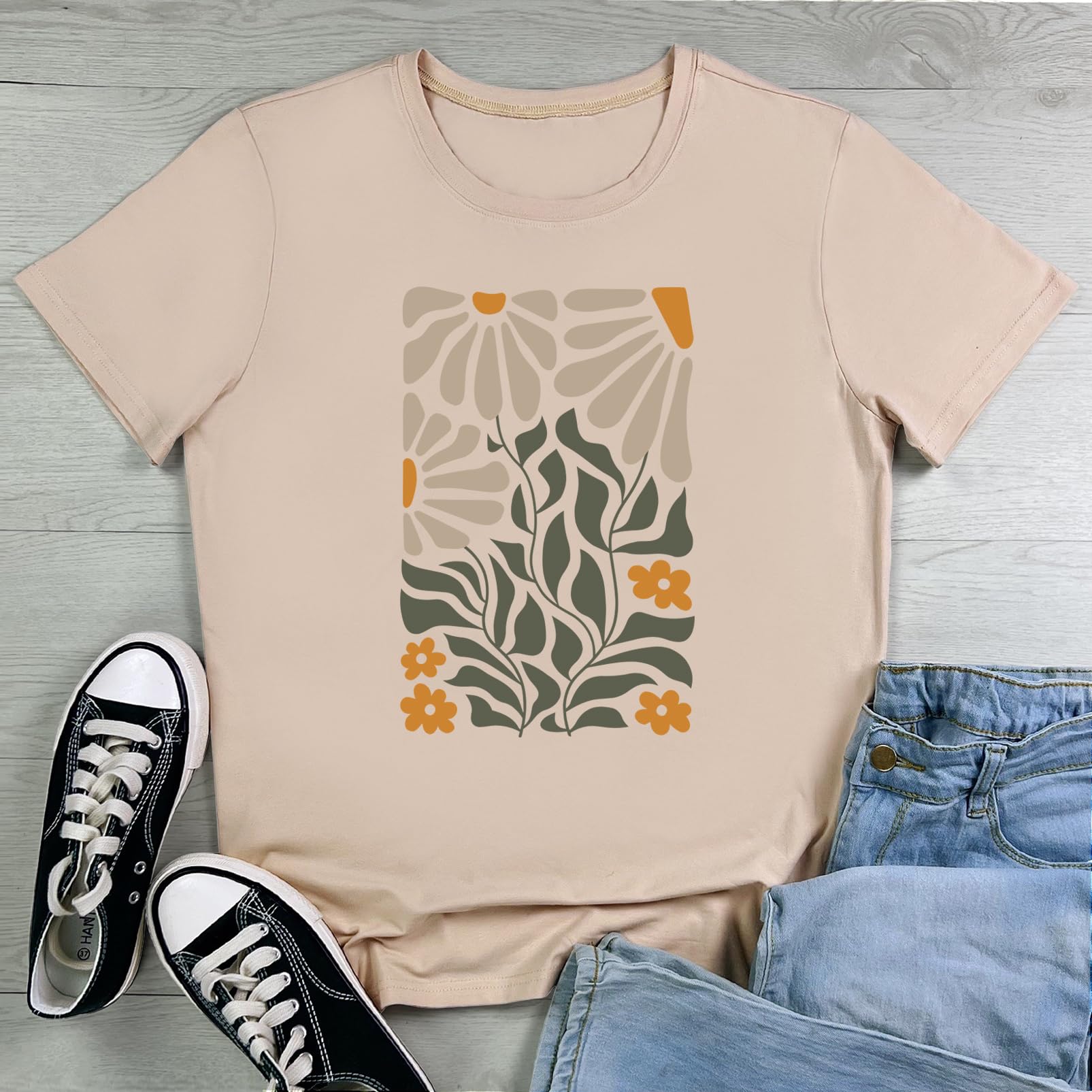 ROSEPARK Women Cute Graphic Floral Tee Shirts Apricot Medium