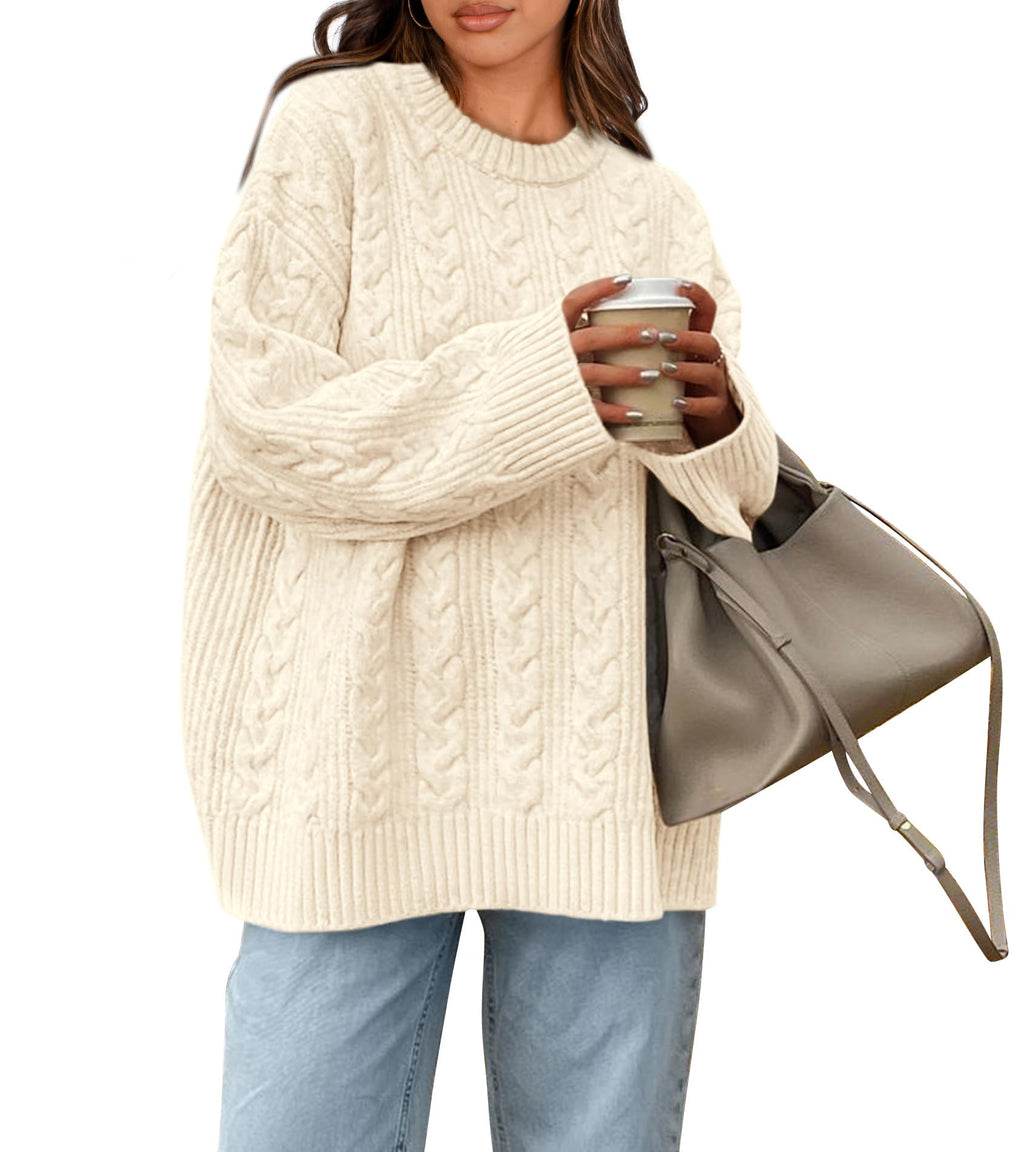 Okiwam Women's Oversized Sweaters Crewneck Cable Knit Pullover Casual Loose Fall Outfits Spring Fashion Clothes 2026-M Beige White