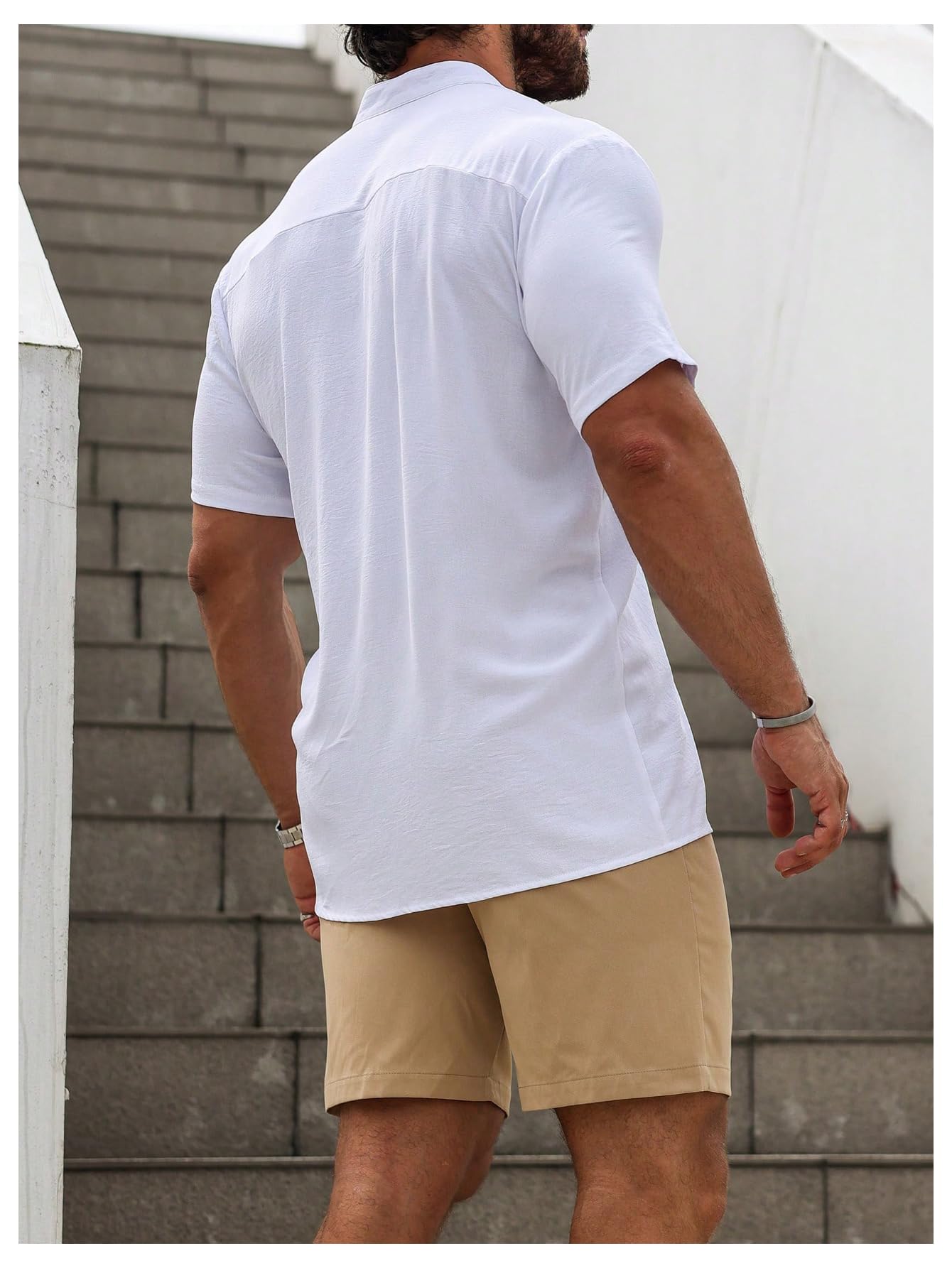 SOLY HUX Men's Casual Tracksuit Button Down Shirt and Drawstring Waist Short Sets Summer 2 Piece Outfits White and Khaki Medium