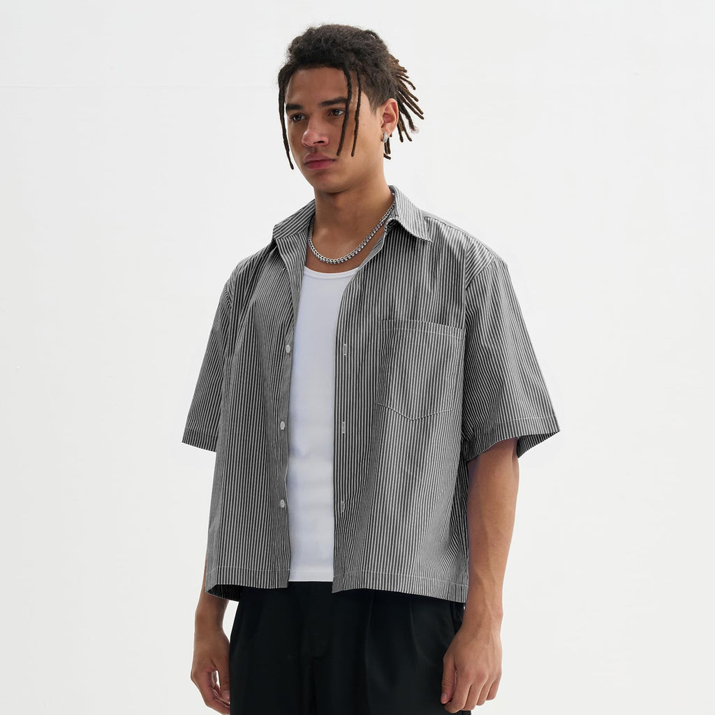 QJT Men's Striped Boxy Cropped Shirts Short Sleeve Button Down Tee Shirt Oversized Baggy Blue T Shirts For Men (US, Alpha, Large, Regular, Regular, Black)
