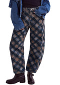 loveimgs Women Boyfriend Baggy Barrel Jeans Floral Print Denim Ankle Pants Wide Leg Mid Rise Jeans Sweatpants Y2k Patchwork (Small,Plaid)