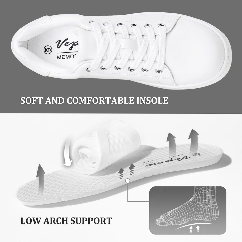 Vepose White Women's Casual Fashion Sneakers Memory Foam Cute Tennis Shoes Low Top Lace Up Comfortable Walking Footwear for Everyday Work Travel, Size 08.5 (8002 White 08.5)