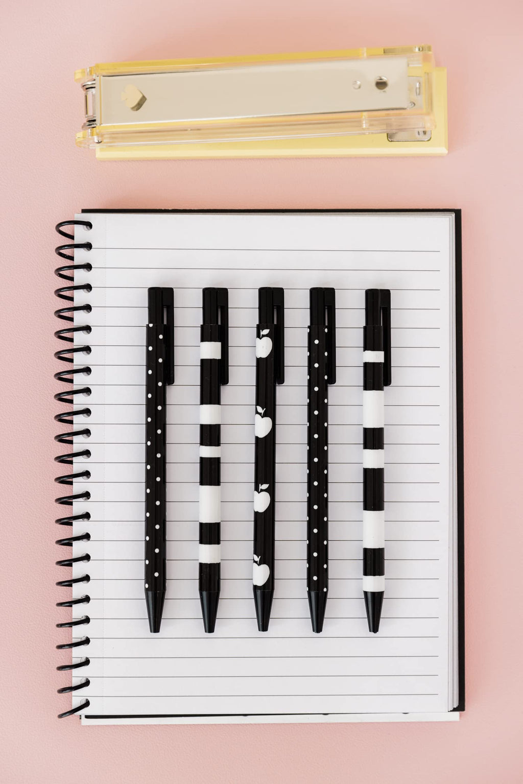 Kate Spade New York Black Ink Pen Set of 5, Cute Plastic Click Pens, Dots and Stripes