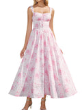 HTZMO Floral Summer Wedding Guest Party Long Dress Square Neck A Line Casual Vacation Milkmaid Maxi Sundress for Women PinkFloral M