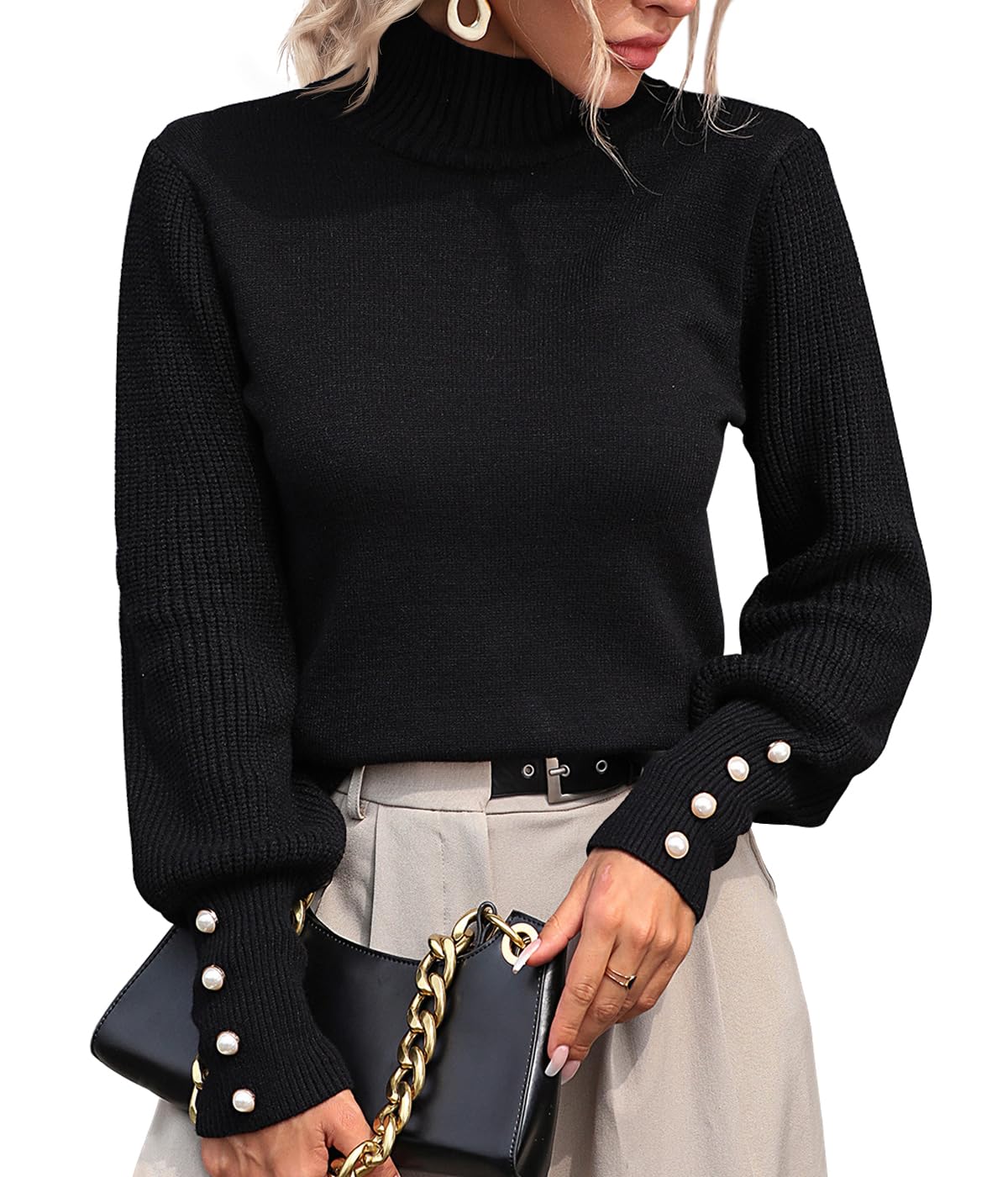Upopby Women's Fall Winter Turtleneck Sweaters for Women 2025 2026 Trendy Lantern Sleeve Knitted Pullover Sweater Jumper Tops Black L