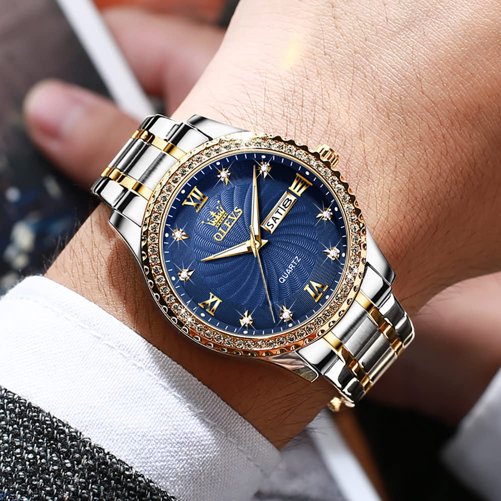 OLEVS Mens Watch Blue Business Diamond Waterproof Watches for Men Casual Dress Stainless Steel Two Tone Male Wrist Watch