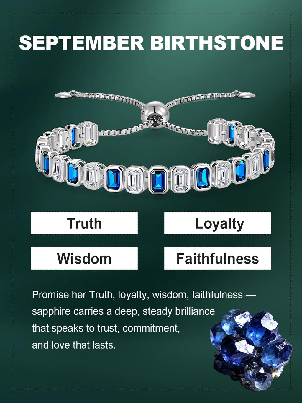ETERMBOL September Birthstone Bracelets for Women, Sterling Silver Tennis Bracelets Emerald Cut Bezel Set with Adjustable Chain, Elegant Anniversary, Birthday or Valentine's Day Gift