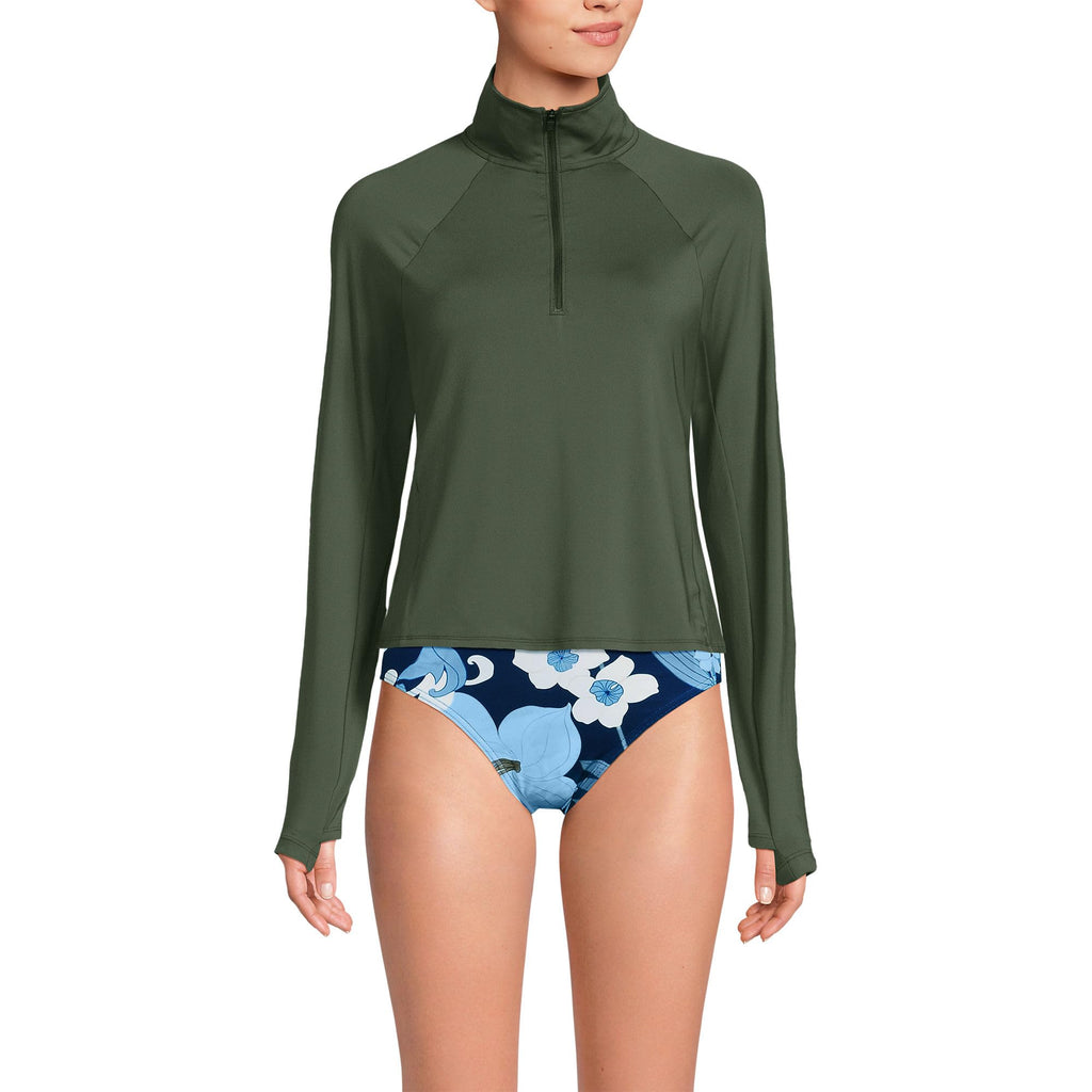 Lands' End Women's Long Torso Sunshade UPF 50 Quarter Zip Rash Guard X-Small Rich Olive Green