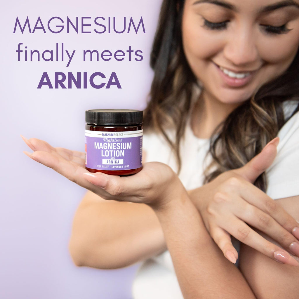 Magnum Solace Nighttime Magnesium Lotion with Arnica – Soothing Relief & Relaxation, Highly Concentrated Magnesium for Muscles & Joints – Apply to Legs or Feet Before Bed – Skin-Friendly