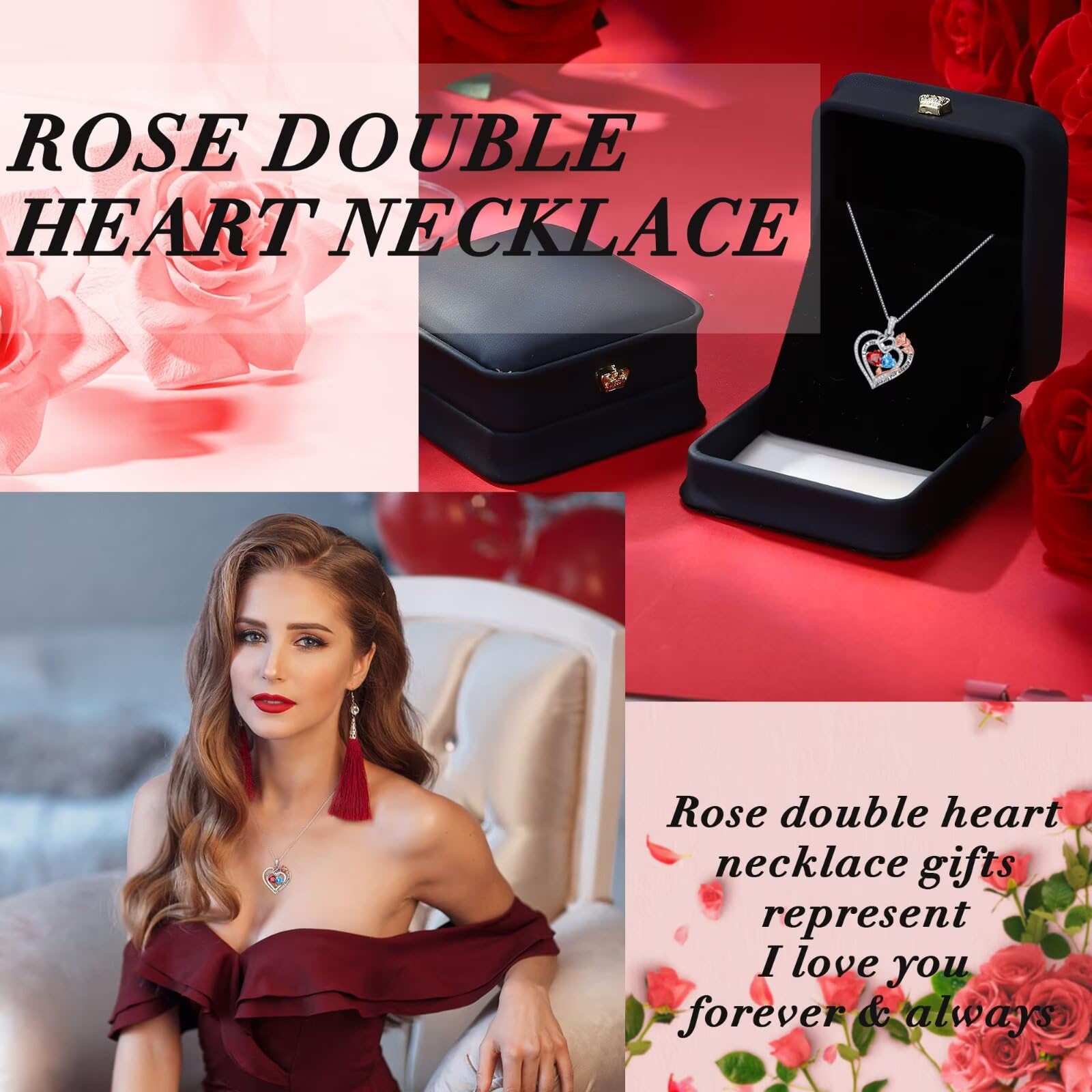 Iefil Gifts for Wife - Anniversary Ideas Gifts for Women Wife Her, Rose Heart Birthstone Necklace | Sapphire Blue Necklace