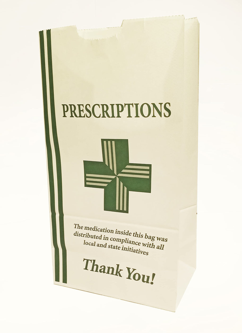 Green Health Cross, Lunch Style Bags #2 Flat Bottom Dispensary Prescription Bag 4x2.5x8.5 Inches, Paper Pharmacy Bag, Medication Packaging for Drug Stores - with Compliance Statement (100)