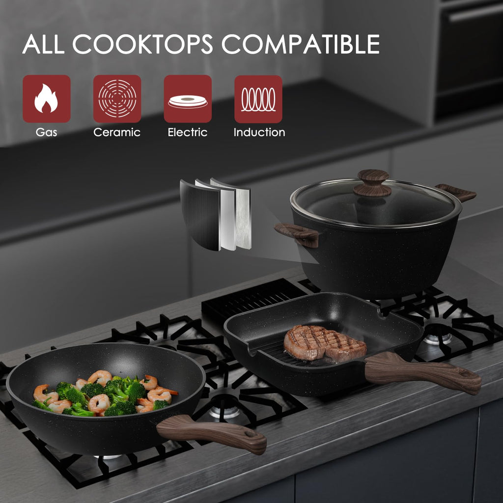 Kikcoin Pots and Pans Set Non Stick 31 Piece Kitchen Nonstick Cooking Cookware Sets with Grill Pan Saucepan Baking Sheet Utensil, Black