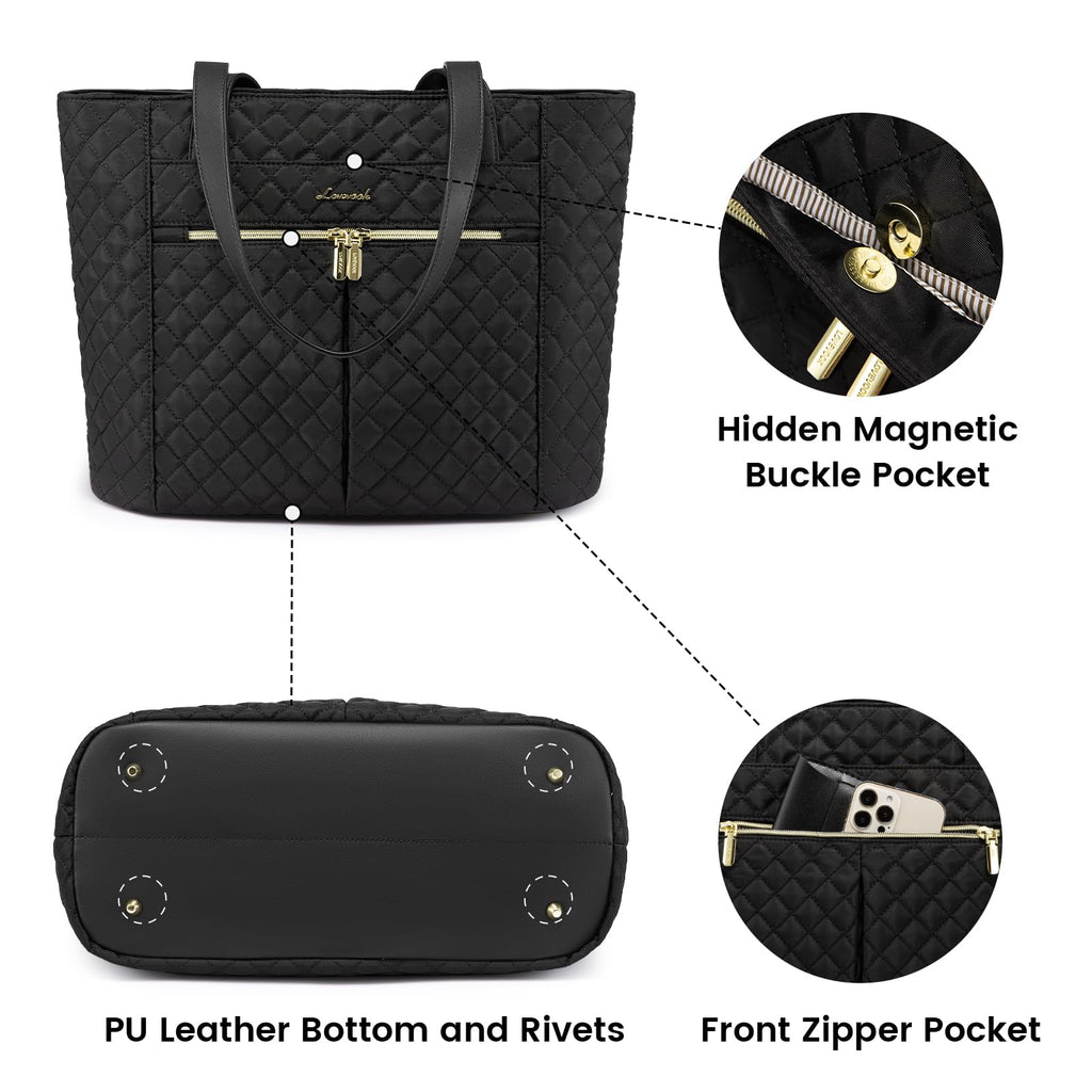 LOVEVOOK Laptop Bag for Women 15.6 inch,Diamond Quilted Work Tote Bags Womens Laptop Tote Computer Shoulder Bags,Stylish Travel Tote Bags Laptop Purse Case Briefcase Handbag with Clutch Bag,Black