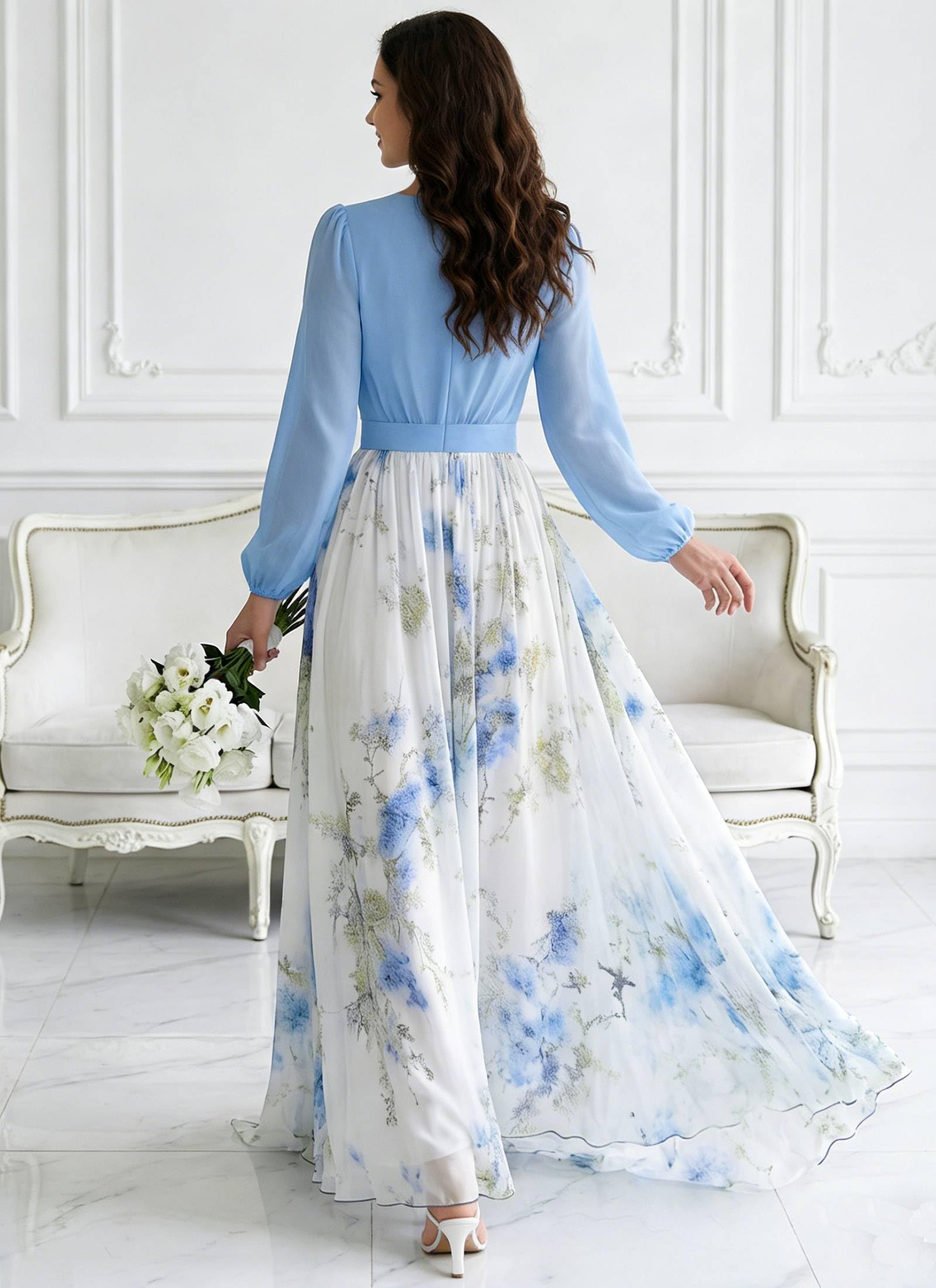 CBZDJX Women's Boho Floral Chiffon Maxi Dresses 2026 Summer Casual Long Sheer Sleeve Deep V Neck A-Line Beach Vacation Dress Blue