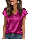 Zeagoo Short Sleeve Womens Tops Casual V Neck Shirts Silk Satin Basic Tees Business Casual Blouses Valentine's Day Clothes Rose Red