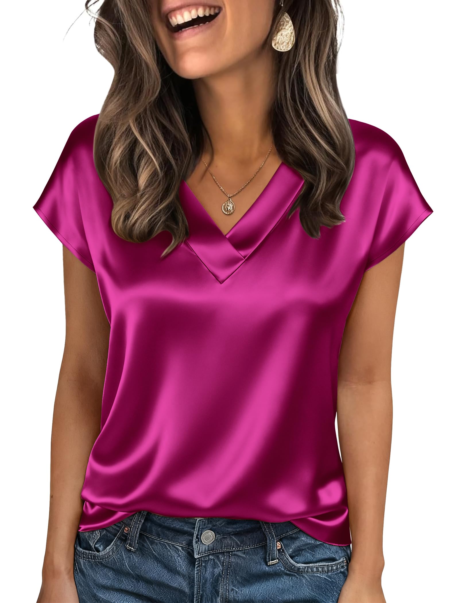 Zeagoo Short Sleeve Womens Tops Casual V Neck Shirts Silk Satin Basic Tees Business Casual Blouses Valentine's Day Clothes Rose Red