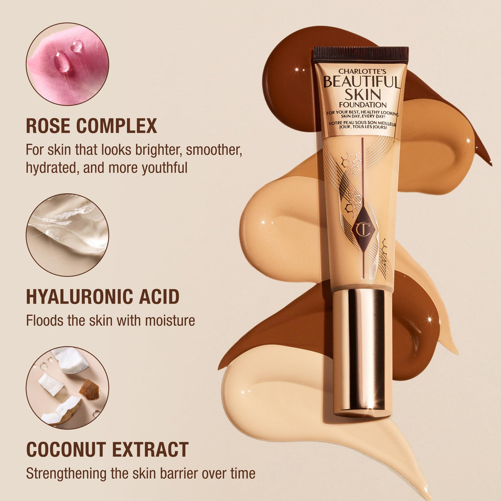 Charlotte Tilbury Beautiful Skin Medium Coverage Hydrating Foundation - Buildable Liquid Makeup for Instant Glow, Plumping Hydration & Lasting Skincare Benefits - 16 Cool