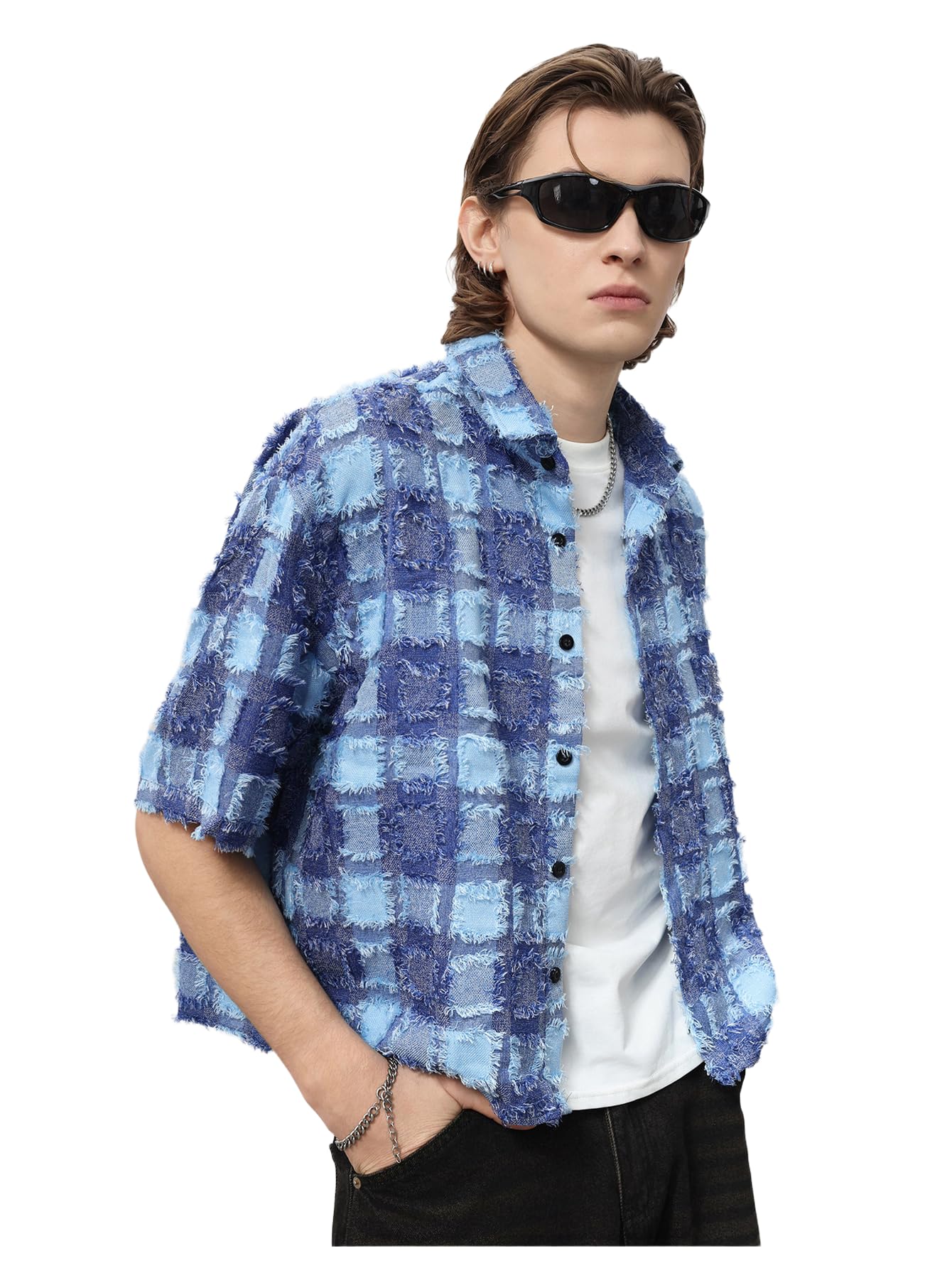 BEAUDRM Men's Cropped Button Down Shirt Y2k Gingham Short Sleeve Top Boxy Tee Shirts Summer Vocation Outfits Streetwear Blue Small