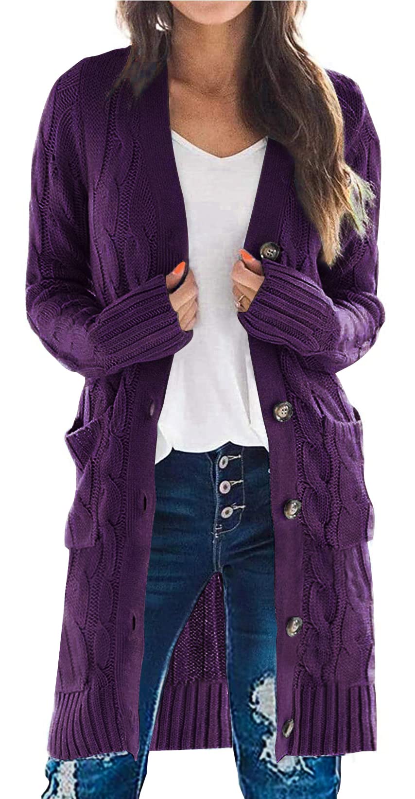 PRETTYGARDEN Long Sleeve Cable Knit Long Cardigan for Women 2026 Spring Winter Chunky Open Front Button Sweaters with Pockets (Deep Purple, Small)