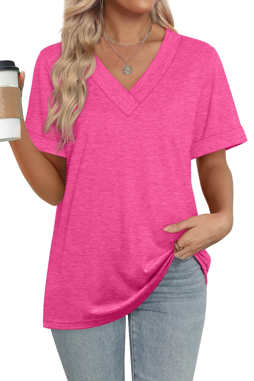 WIHOLL Womens Tops V Neck Dressy Casual Short Sleeve Summer Tops Fashion Cute Basic Tshirts Shirts for Women Hot Pink L