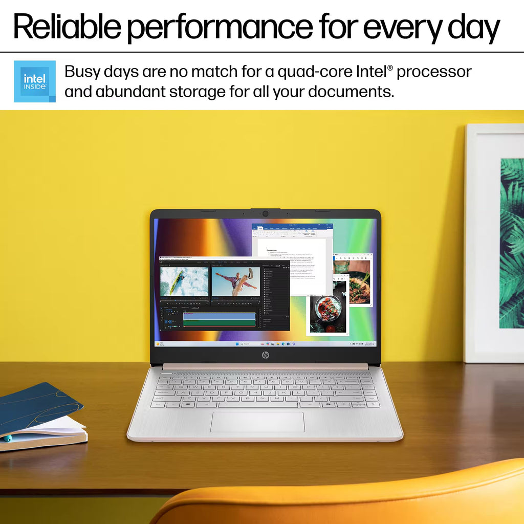 HP 14 Laptop Computer 2025 Ultra Light, AI Copilot Student Business, Quad-Core Intel, 16GB RAM, 628GB Storage (128GB UFS+ 500GB Ext), 1 Yr Office 365, 12 Hr Battery MarxsolAccessory Win 11S, Rose Gold