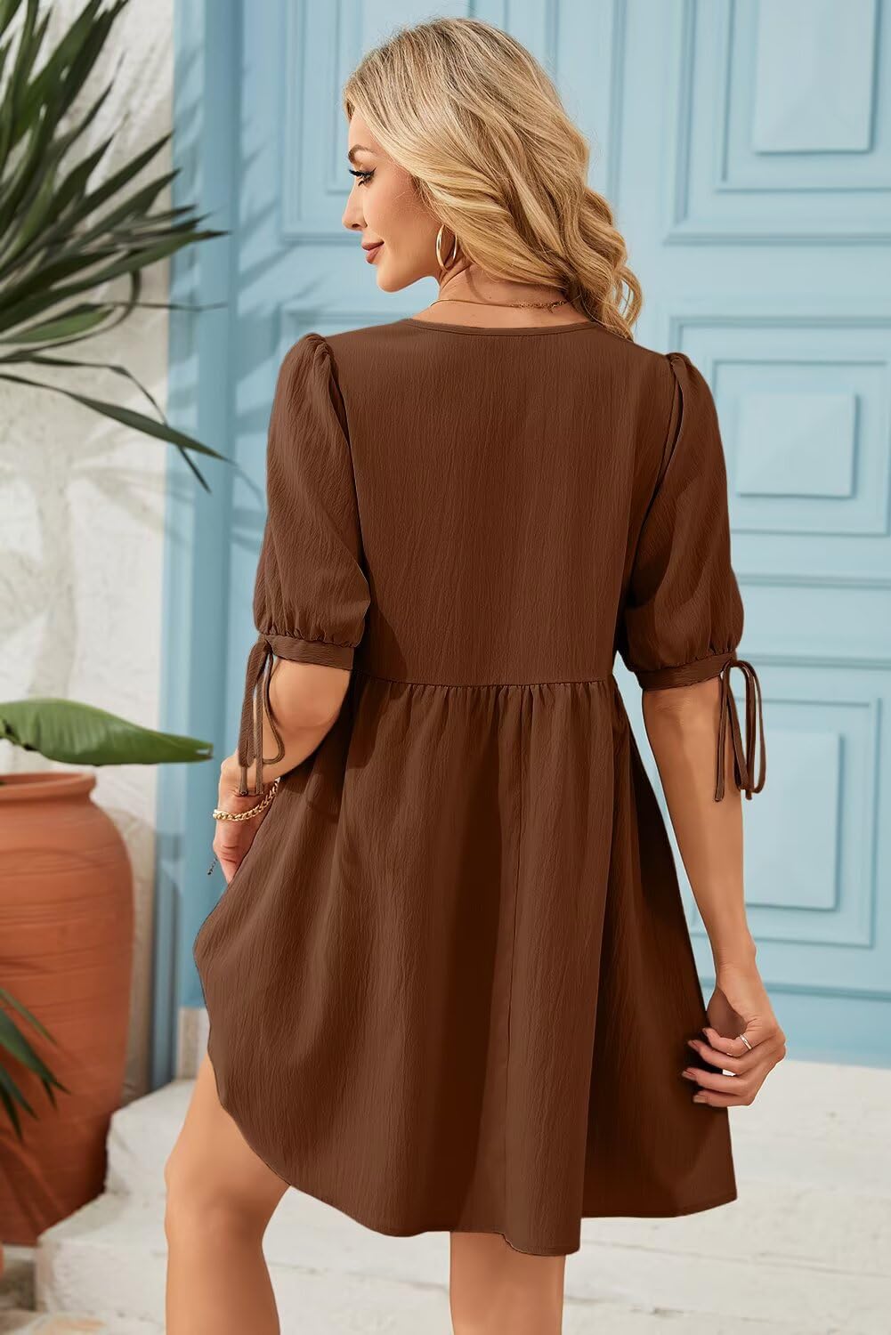 Dokotoo Chocolate Brown Summer Clothes Women's Summer Short Sleeve Tie Front Empire Waist A-Line Babydoll Loose Cute Mini Dress Coffee XX-Large