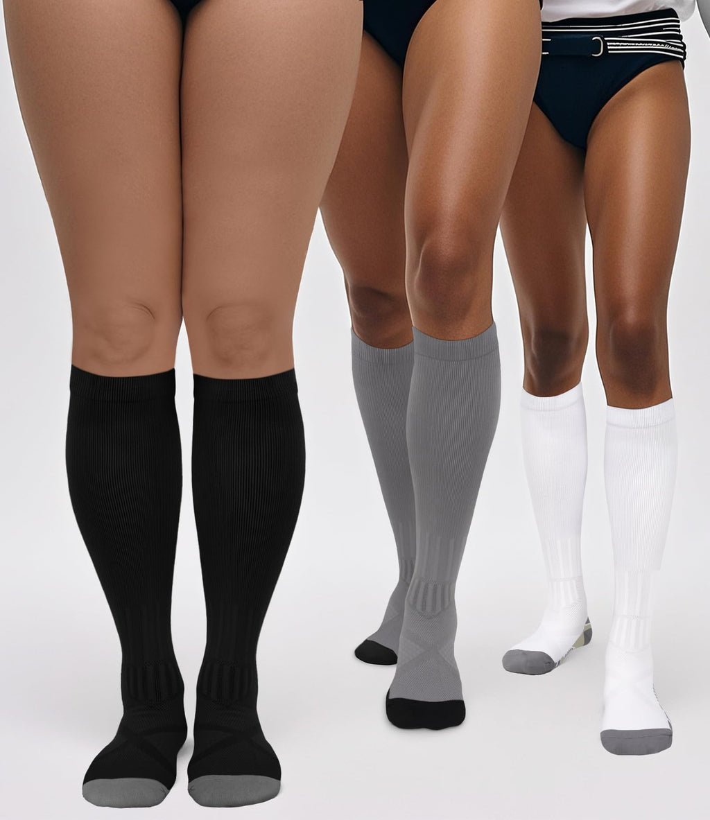 FuelMeFoot 3 Pack Compression Socks For Women Men Knee High Socks 15-20mmHg workout socks runner tall pregnant 9-12 presents graduation clothes