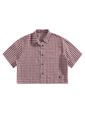 SHENHE Men's Plaid Button Down Short Sleeve Cropped Shirt Gingham Collared Shirt Top Red XX-Small