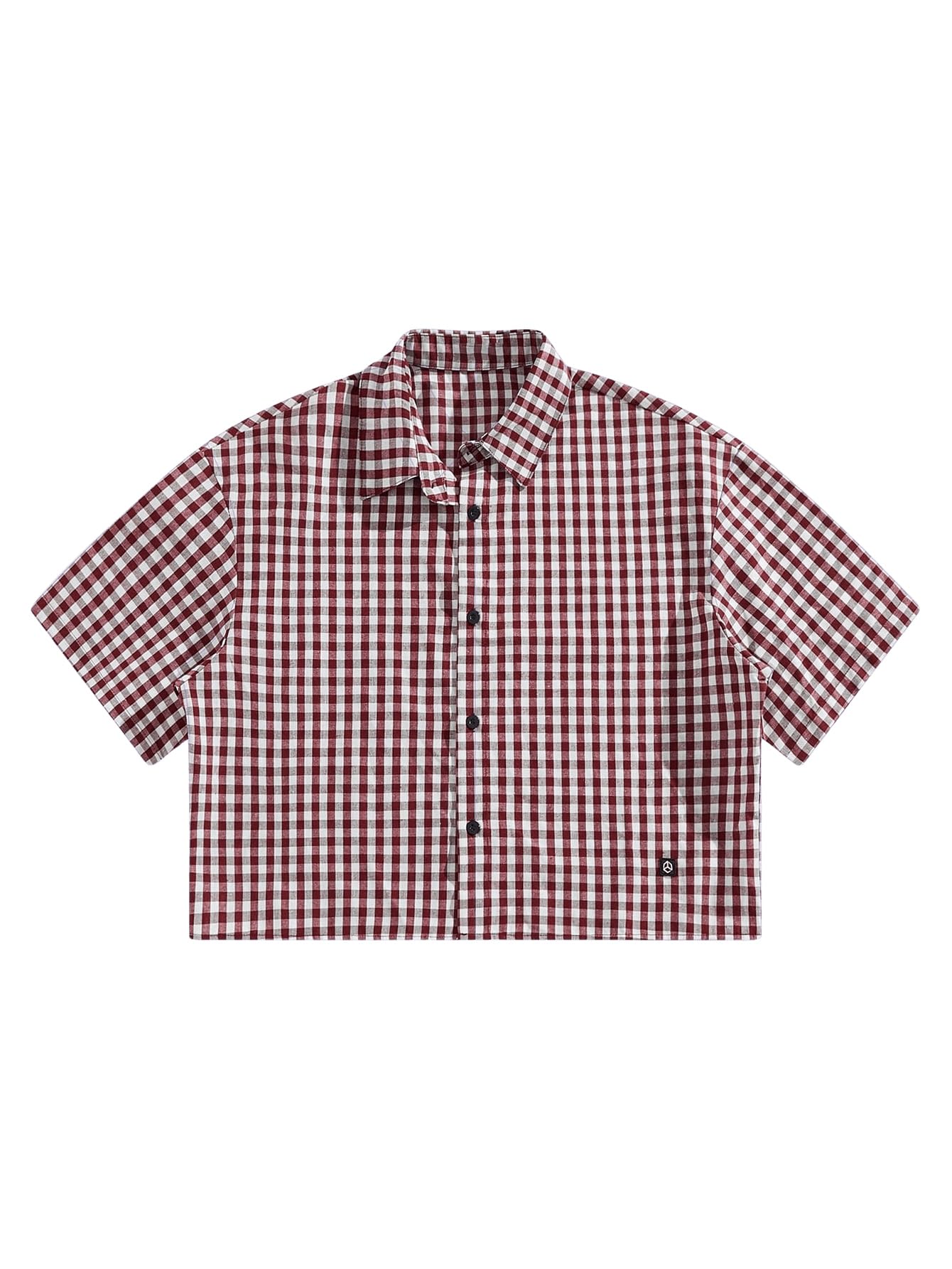 SHENHE Men's Plaid Button Down Short Sleeve Cropped Shirt Gingham Collared Shirt Top Red XX-Small