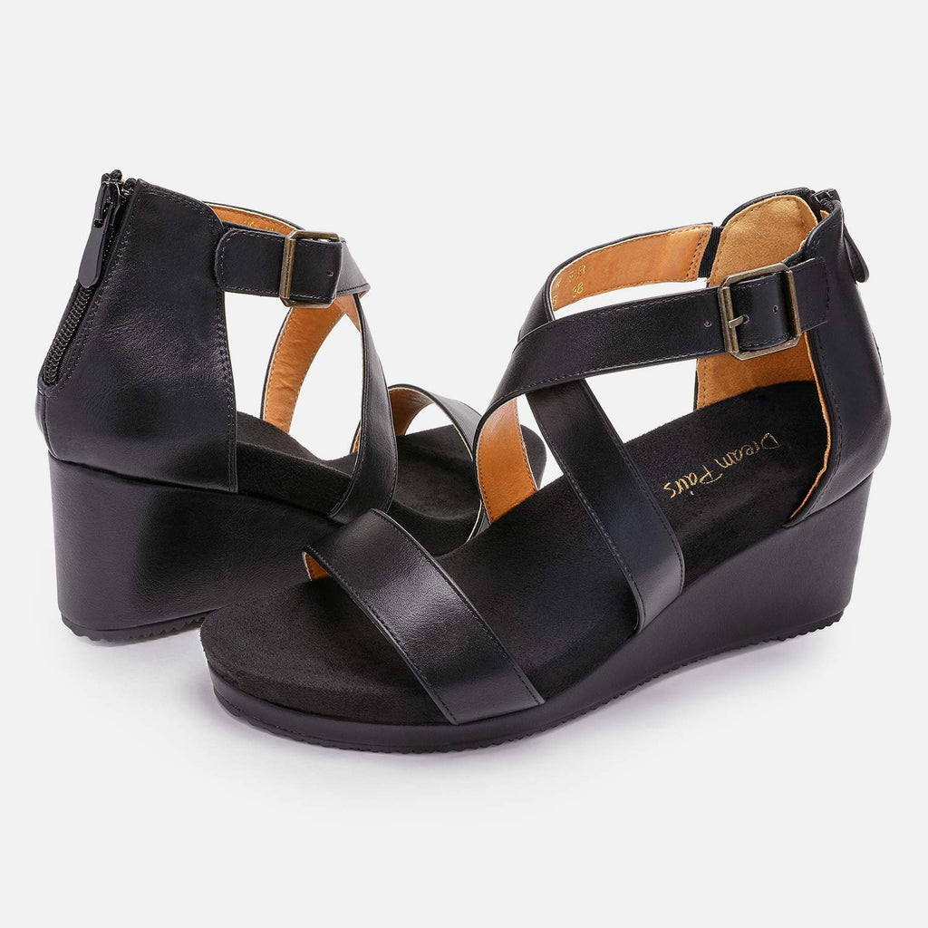 DREAM PAIRS Women's Open Toe Buckle Ankle Strap Summer Platform Wedge Sandals,Size 11,Black/Pu,NINI-2