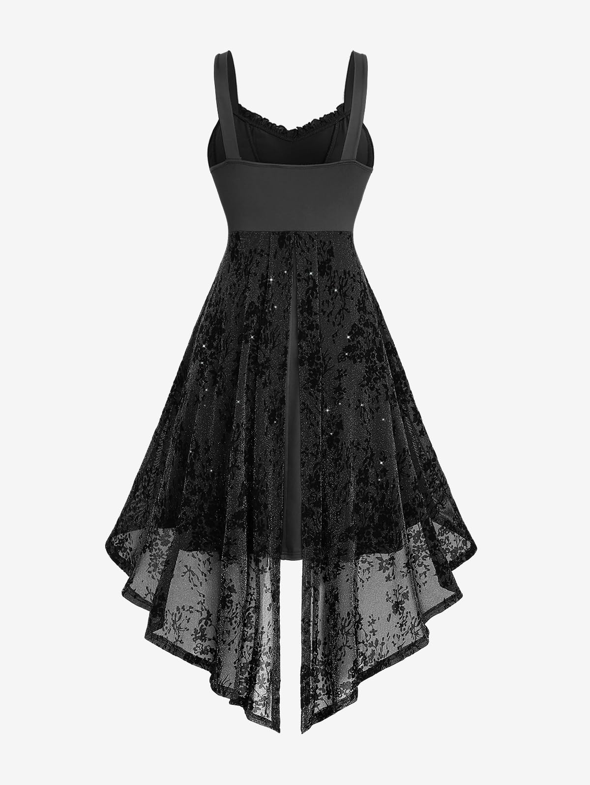 ROSE GAL Women Plus Size Gothic Sleeveless Dress Glitter Floral Flocking Ruched PU Panel Waist Split Back Layered High Low Asymmetric A Line Midi Goth Dress(Black/4X)