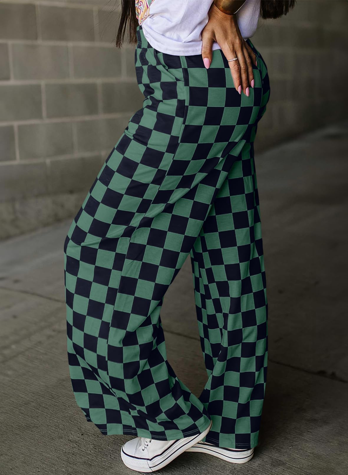 Acelitt Women's Casual Checkered Pants 2026 Spring Summer Lightweight Elastic Waist Comfy Loose Wide Leg Plaid Beach Pants Trousers Vacation Outfits Green XX-Large