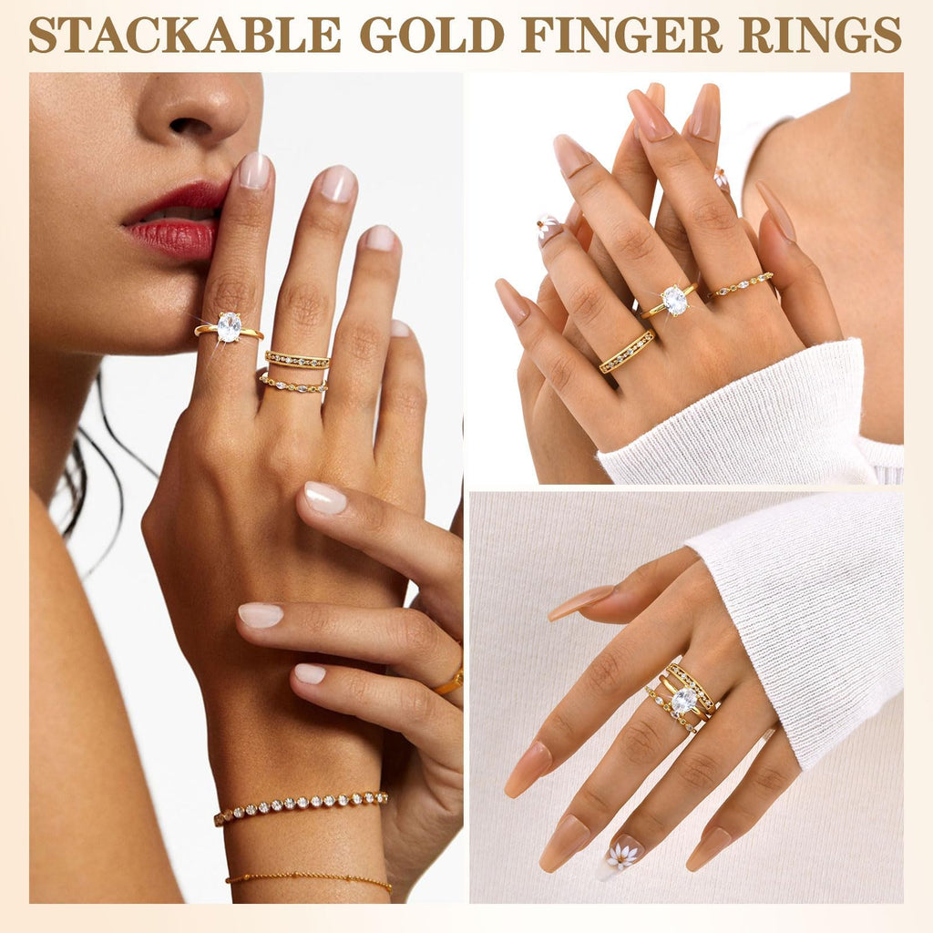 Stackable Gold Rings for Women - 14K Gold Plated Ring Set,Non Tarnish Stainless Steel Cubic Zirconia Friendship Band Wedding Party Trendy Jewelry Gift,Christmas Birthday Gifts for Her Size 9