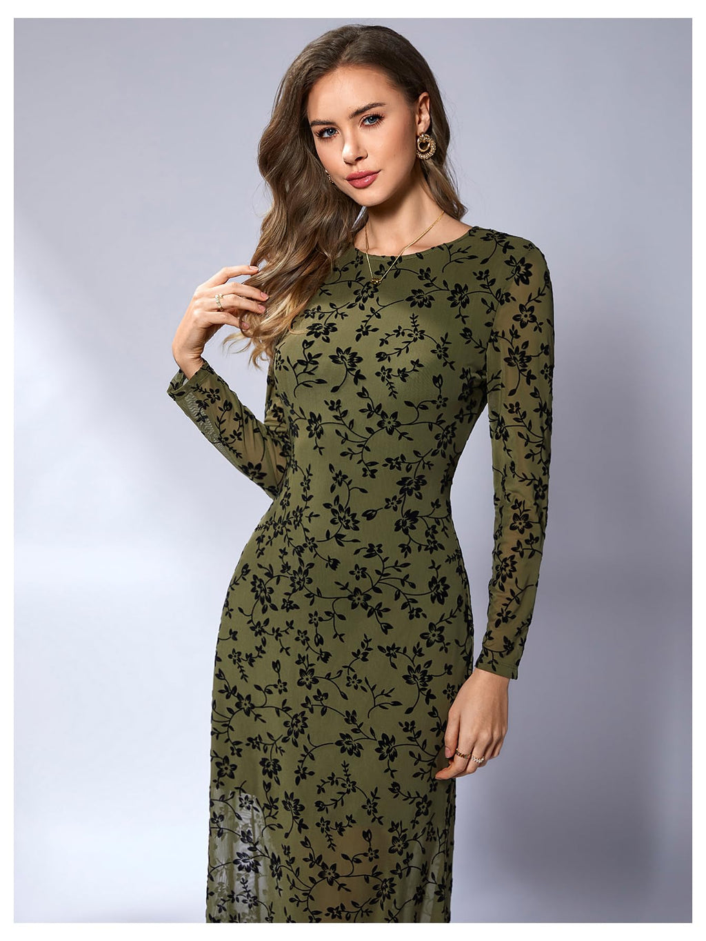Verdusa Women's Floral Mesh Maxi Dresses Elegant Formal Long Sleeve Spring Wedding Guest Dress Cocktail Army Green Medium