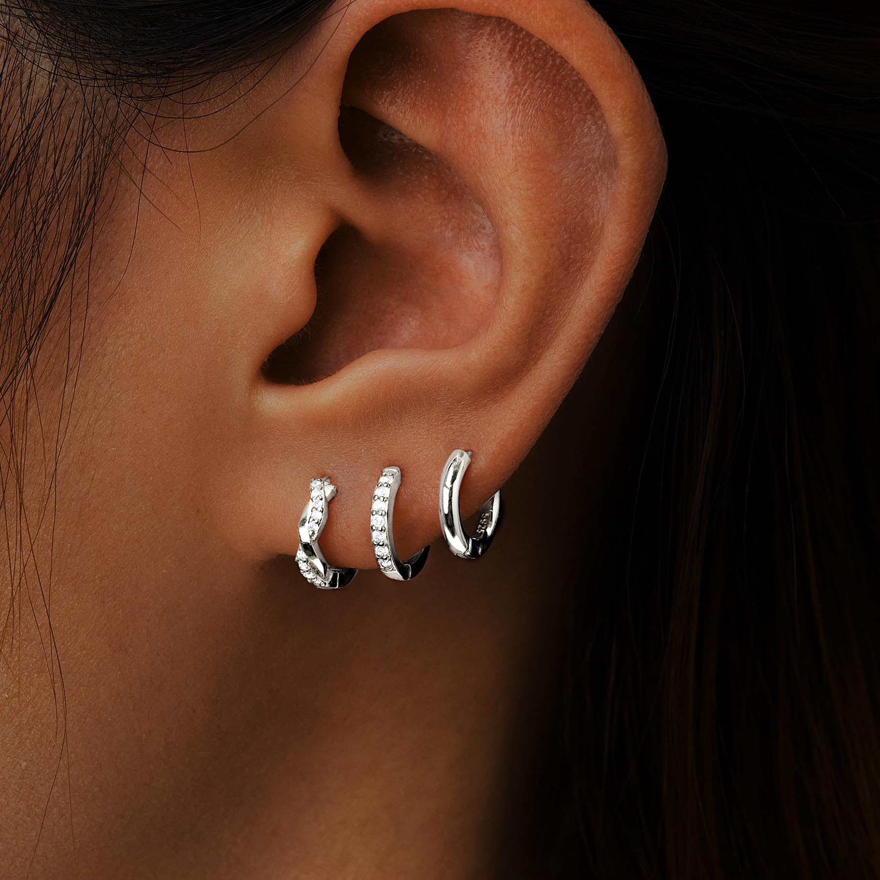Inerney 925 Sterling Silver Huggie Hoop Earrings Set for Women, Dainty Small Cartilage Hoops Hypoallergenic Jewelry for Multiple Piercings, Trendy Twisted Mini Earring Stacks Gift for Sensitive Ears