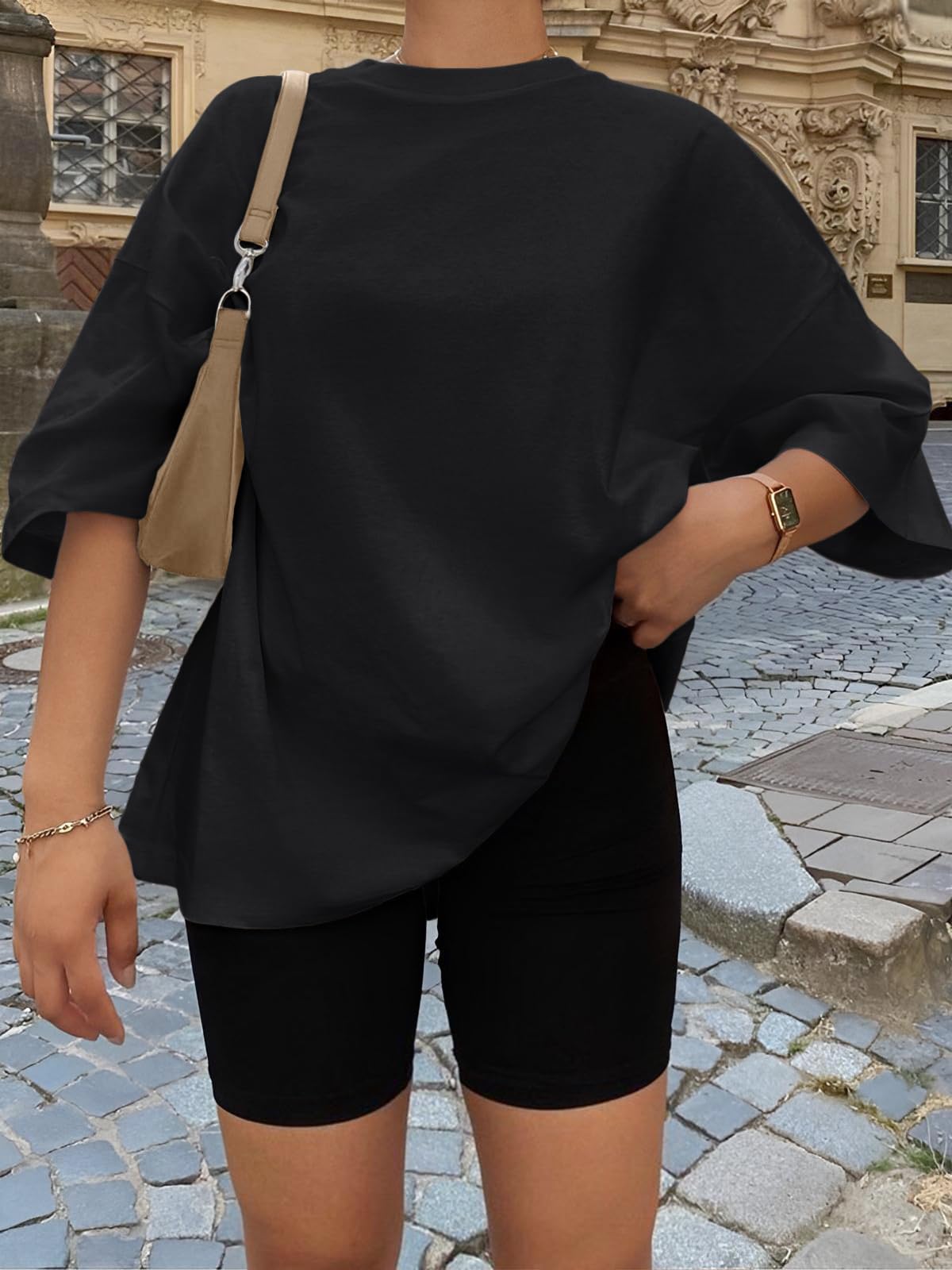 Trendy Queen Womens Oversized Sleep T Shirts Plus Size Capsule Wardrobe Tops Short Sleeves Fashion Workout Clothes 2026 Black L