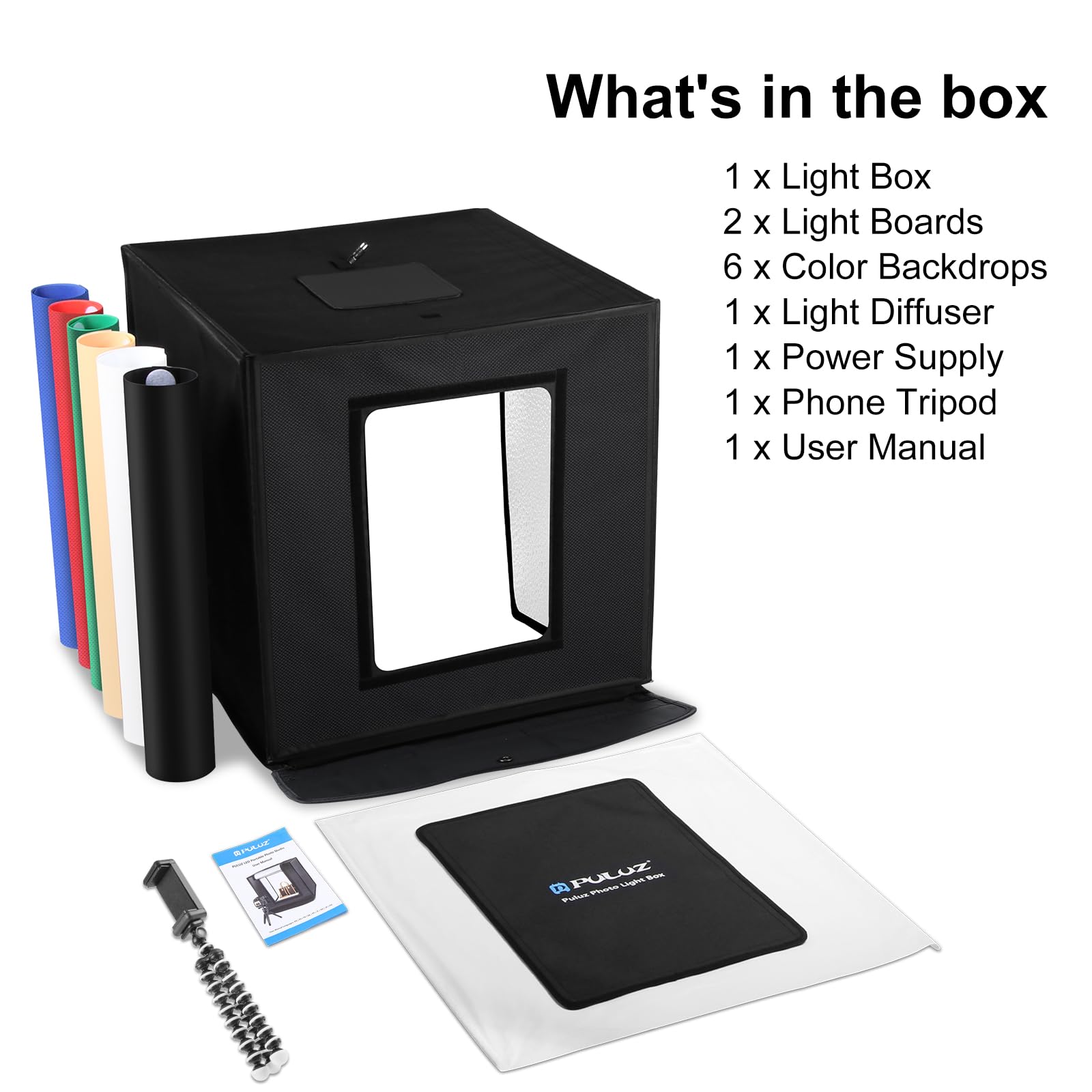 PULUZ Light Box Photography, 24x24 inch Large Photo Studio Light Box, Professional Dimmable Photo Booth with 120 LED Lights & 6 Backdrops for Jewelry and Food Items Product Photography