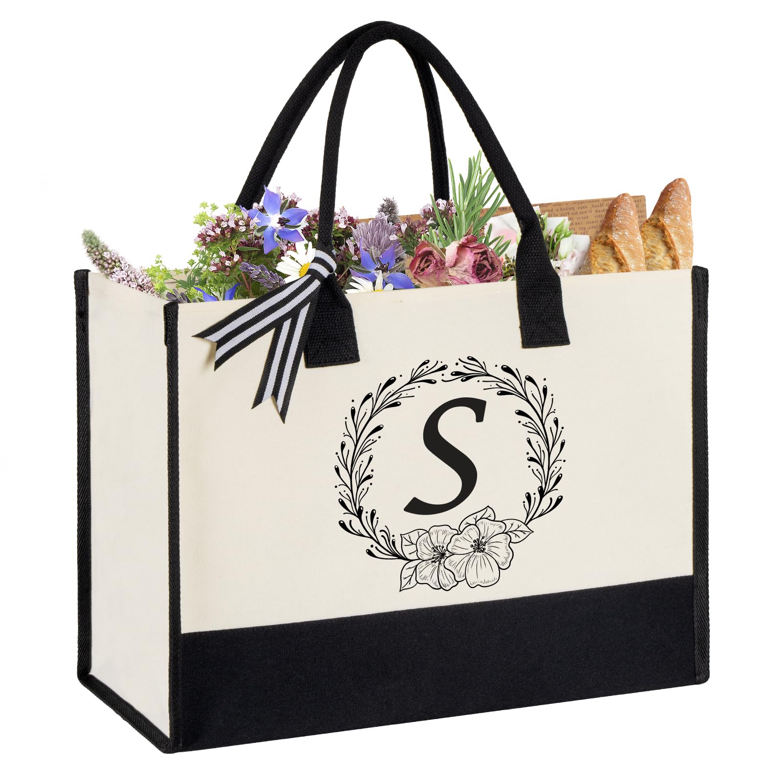 Miokok Personalized Initial Canvas Tote Bag, Beach Bags for Women, Birthday Gifts, Wedding Gift, for Mom, Teachers, Friends, Nurse（Letter S）