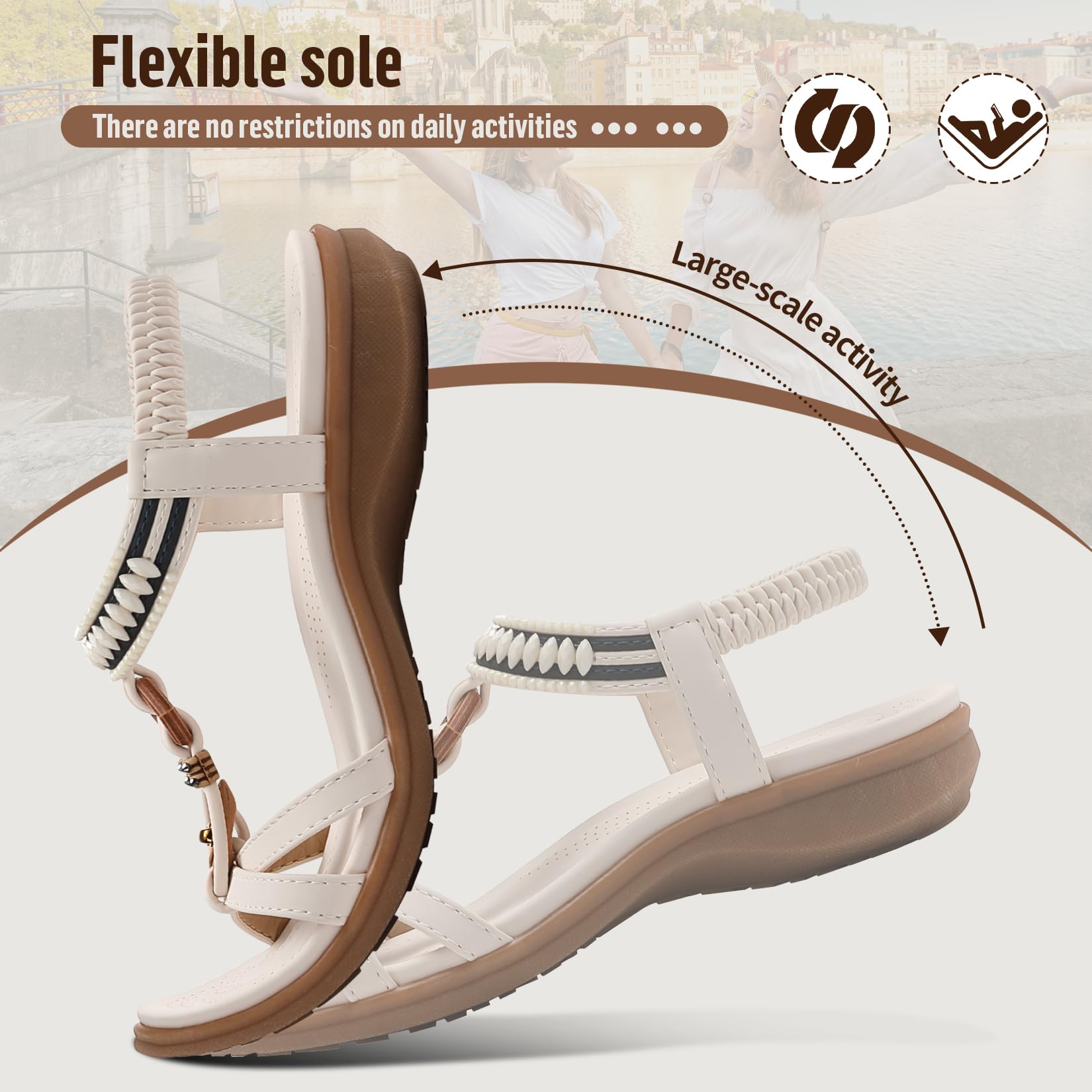 Littleplum Womens Flat Sandals Arch Support Summer Beach Sandals Comfort Walking Shoes Dress Ankle Elastic Bohemian Sandals for Women White Size 8.5