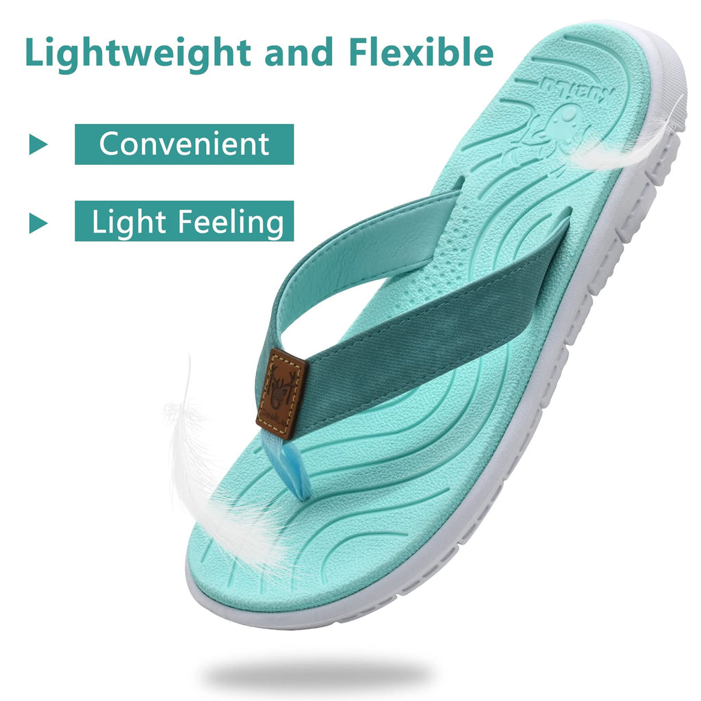 KuaiLu Casual Flip Flops for Women Comfortable Yoga Mat Arch Support Cushion Leather Slides Summer Beach Pool Outfits Flats Walking Thong Sandals Travel Essentials Orthotic Shoes Lake Blue Size 8