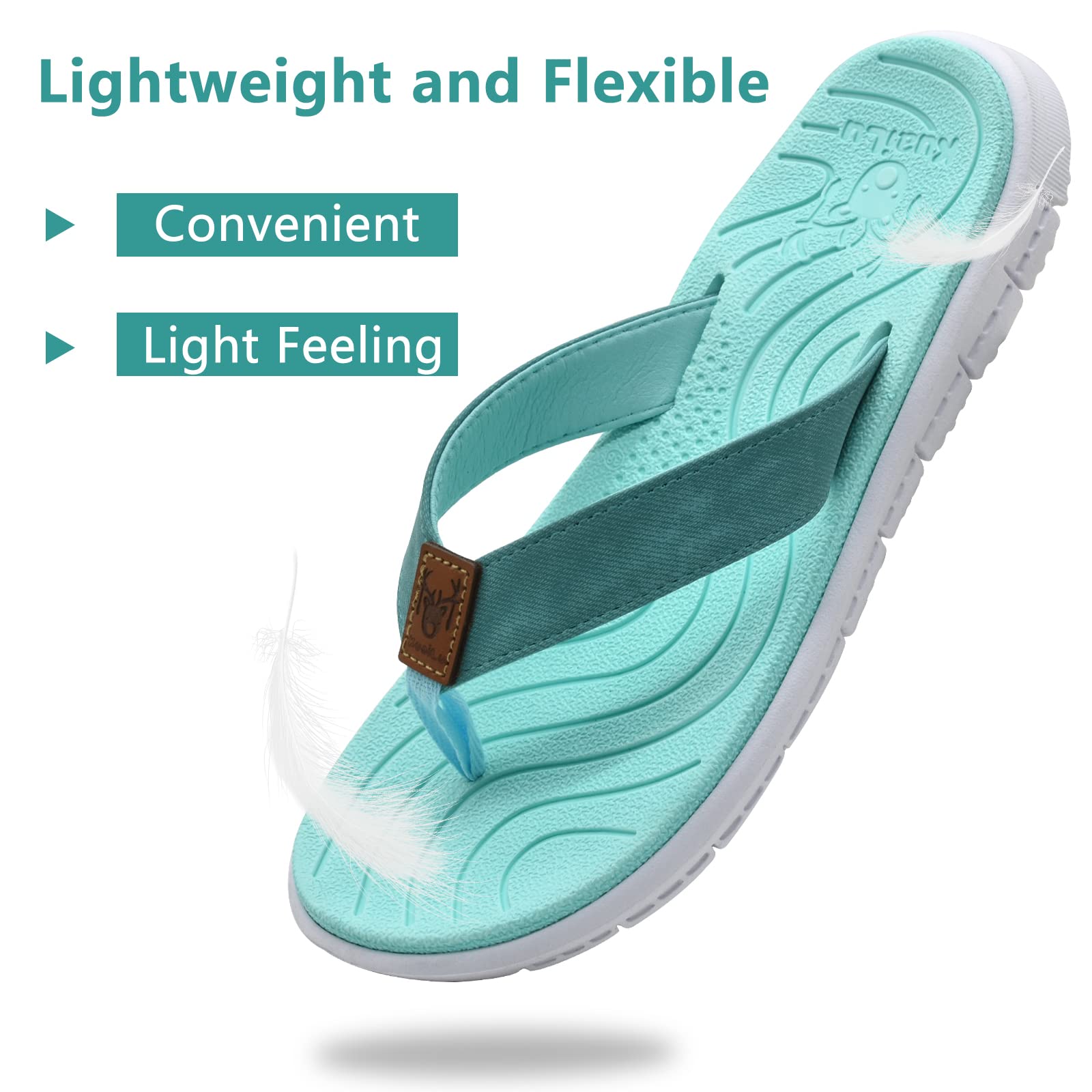 KuaiLu Casual Flip Flops for Women Comfortable Yoga Mat Arch Support Cushion Leather Slides Summer Beach Pool Outfits Flats Walking Thong Sandals Travel Essentials Orthotic Shoes Lake Blue Size 8