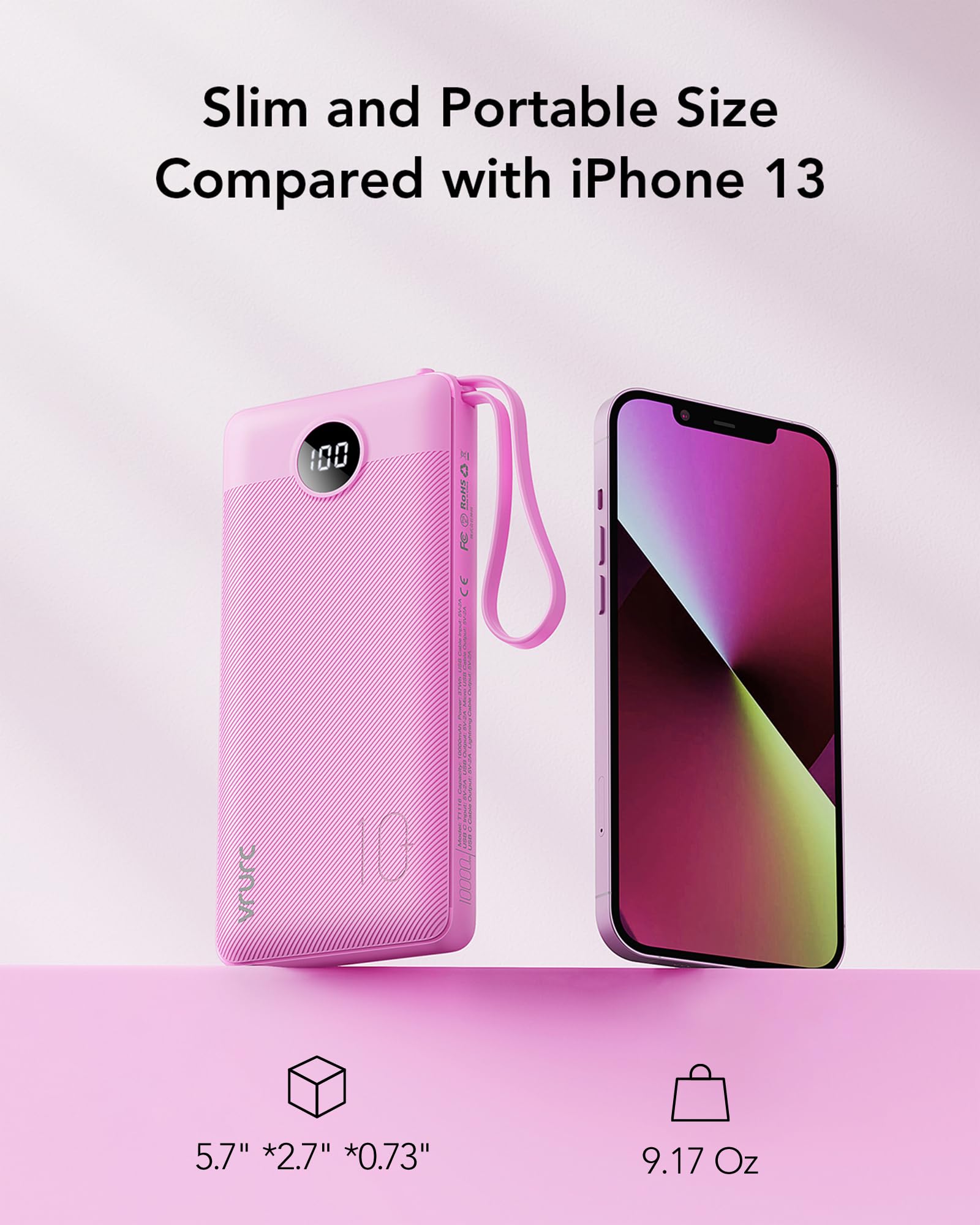 VRURC Power Bank for iPhone, Compact Portable Charger Built in Cables, 10000mAh Flight-Safe Battery Pack,5 Output USB C External Phone Charger for iPhone 17 Pro 17 16 15 14 13,Samsung-Purple(1 Pack)
