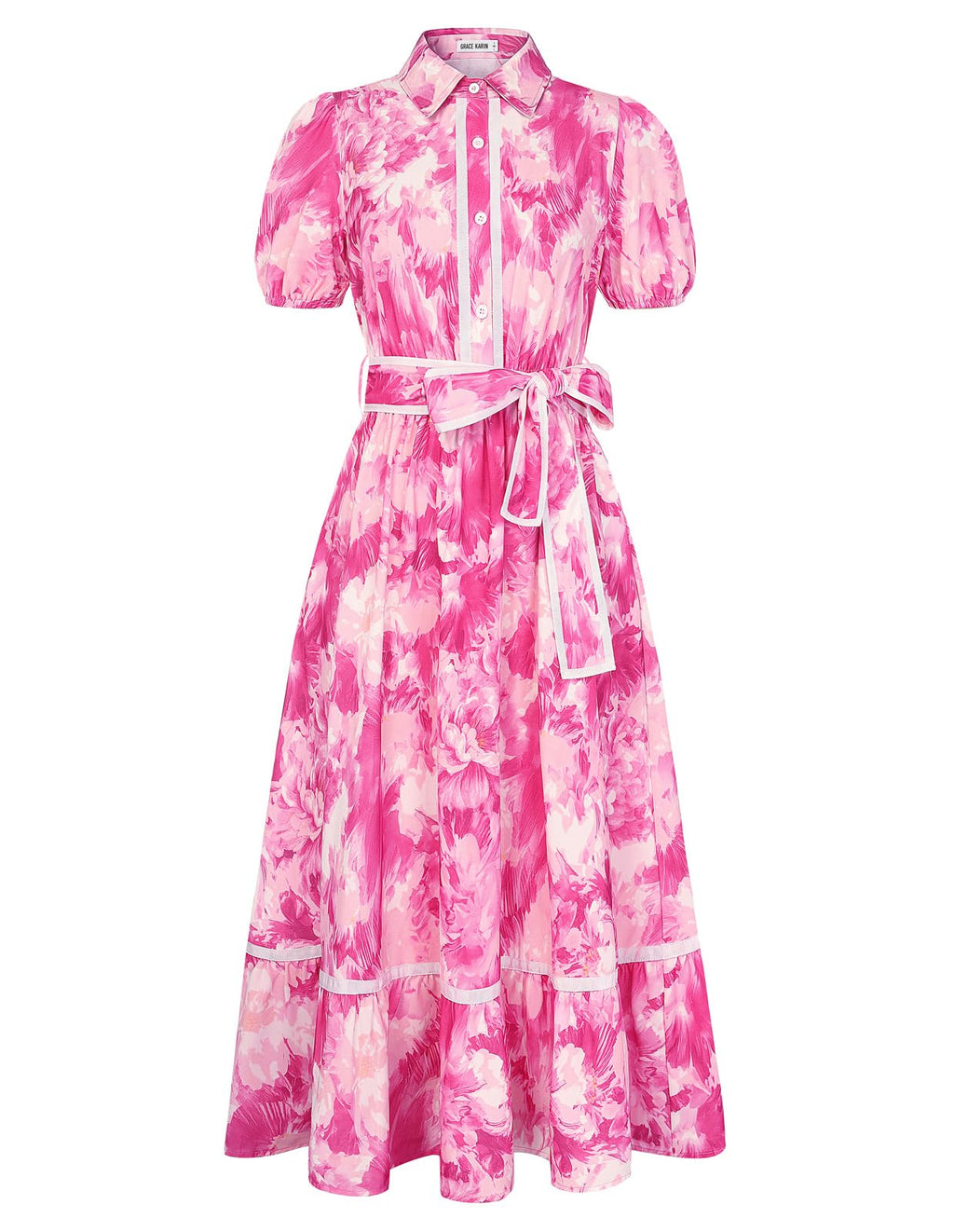 GRACE KARIN Women Summer Floral Maxi Dresses 2026 Wedding Guest Puff Sleeve Shirt Sundresses Boho Spring Clothes with Pockets Rose Floral S