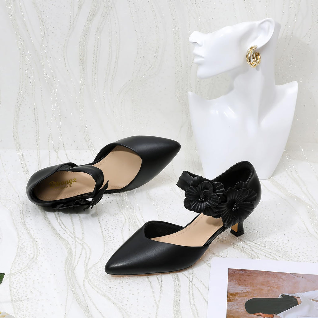RIBONGZ Black Kitten Heels for Women Low Closed Toe Dressy Pumps Comfortable Slip On Flower Dress Shoes for Wedding Dancing Party Office Work Size 6
