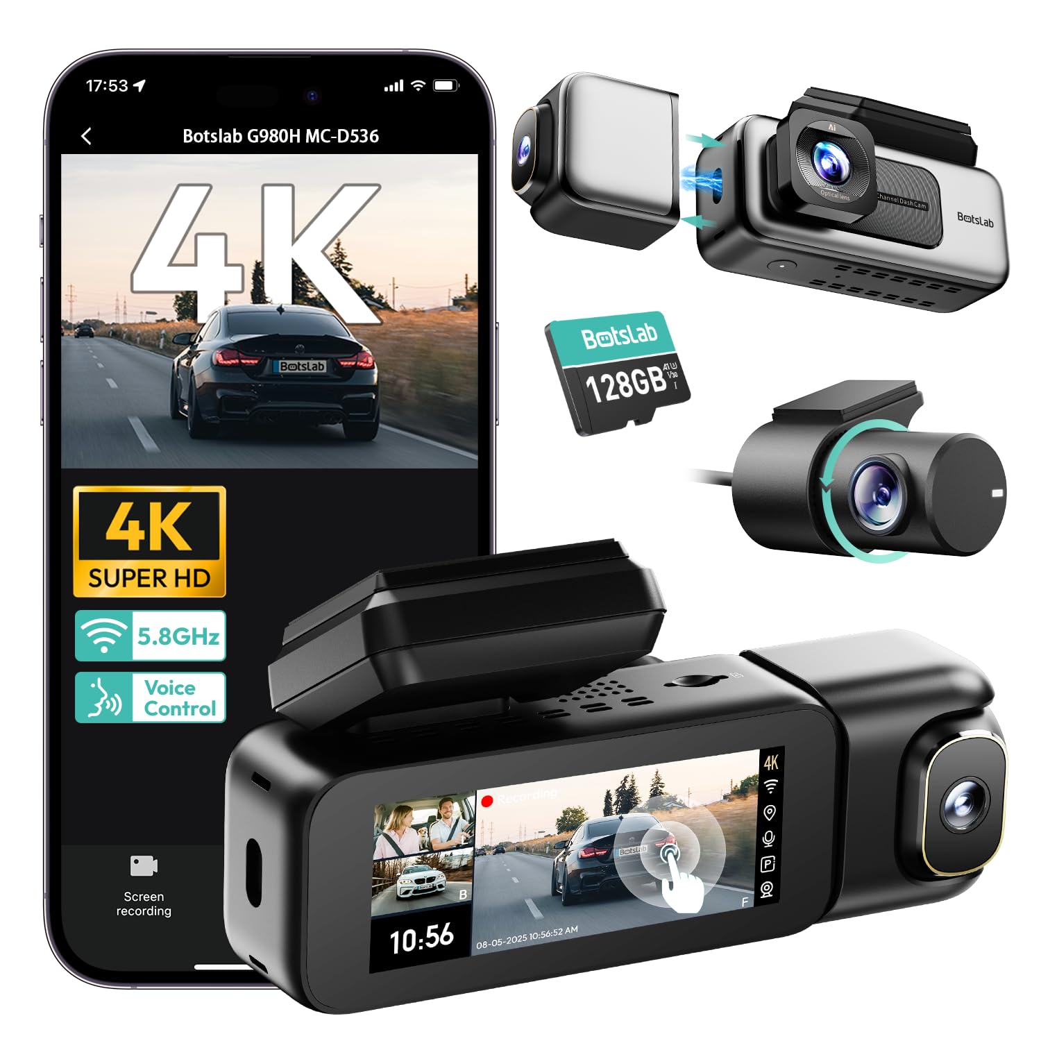 BOTSLAB 3 Channel Dash Cam 4K with 128GB Card, 3.18" Touch Screen, Voice Control, 4K Dash Cam Front and Rear Inside Loop Recording, 5.8GHz WiFi, GPS, Night Vision, WDR, Parking Mode