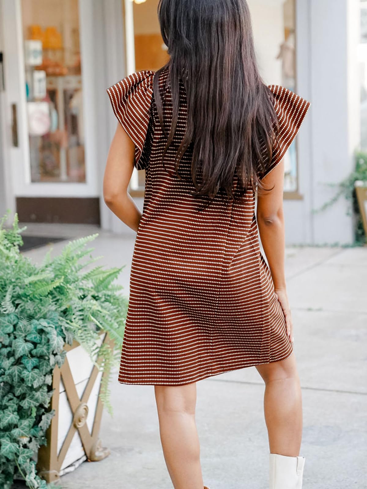 Mieazom Striped V-Neck Mini Dress for Women Puff Sleeve Casual Dress with Pockets, Comfortable & Stylish for Summer Brown-White Stripes XL