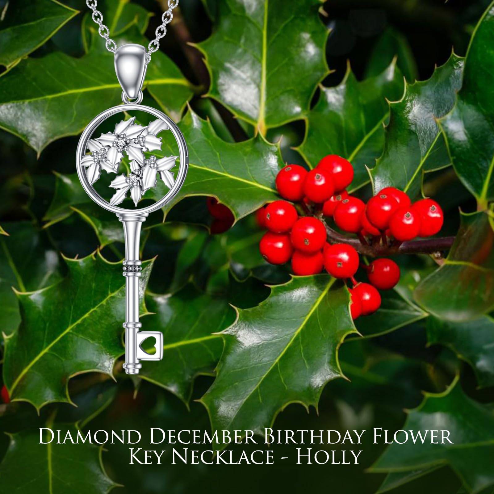 LWXIE Diamond Key Necklace 925 Sterling Silver Birth Flower Key Pendant Necklace Birthday Mother's Day Jewelry Gifts for Women