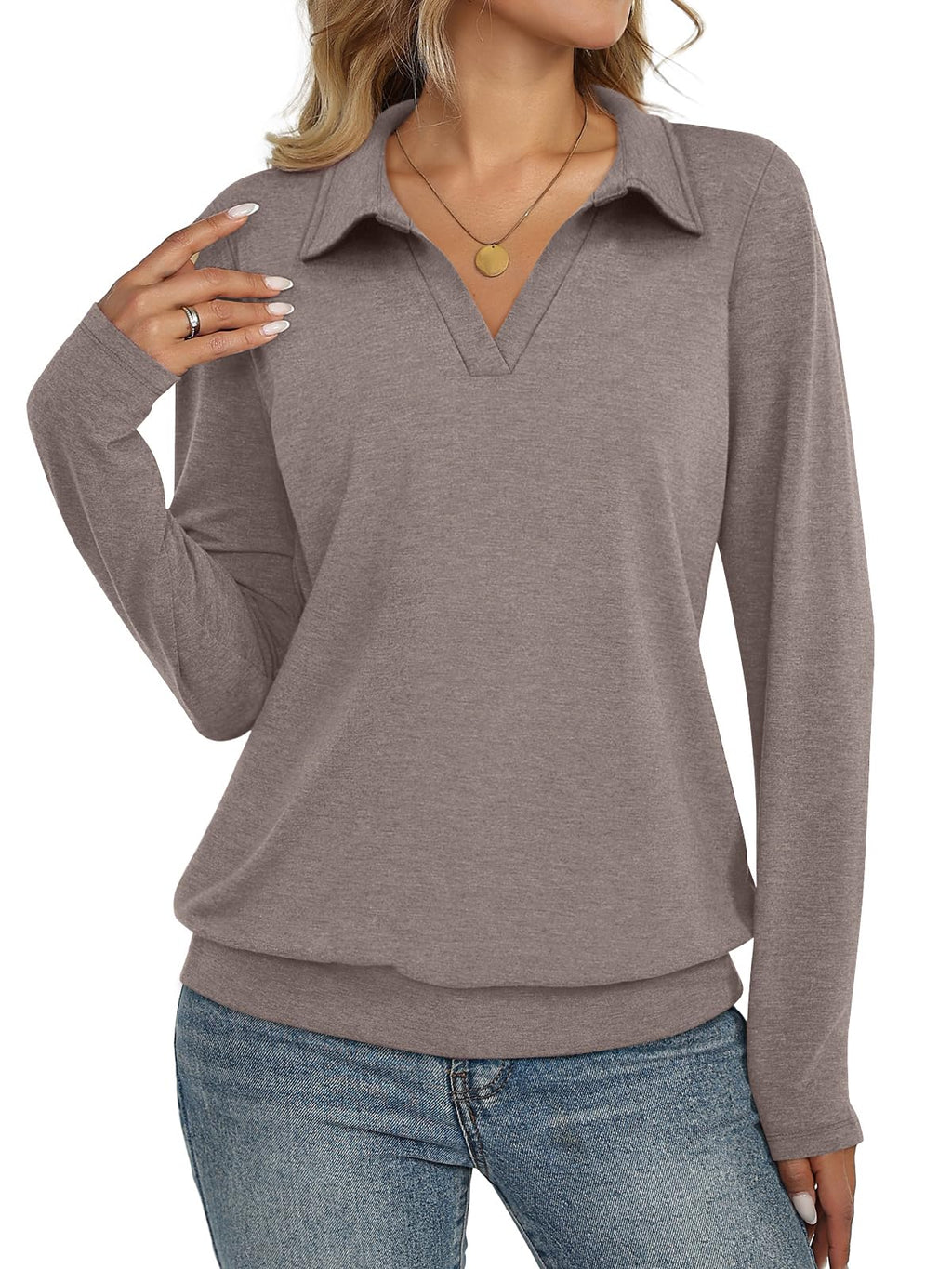 TICTICMISS Womens Polo Shirts Long Sleeve Banded Bottom Tops Business Casual Tops Collared V Neck Blouses